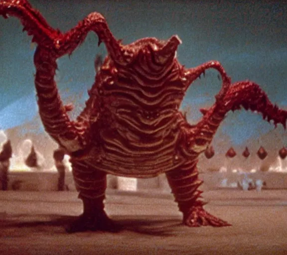 Prompt: Pulgasari the North Korean monster, volumetric lighting, filmstill, produced by Kim Jong-il, Kodachrome, kaiju-eiga, starfish monster movie