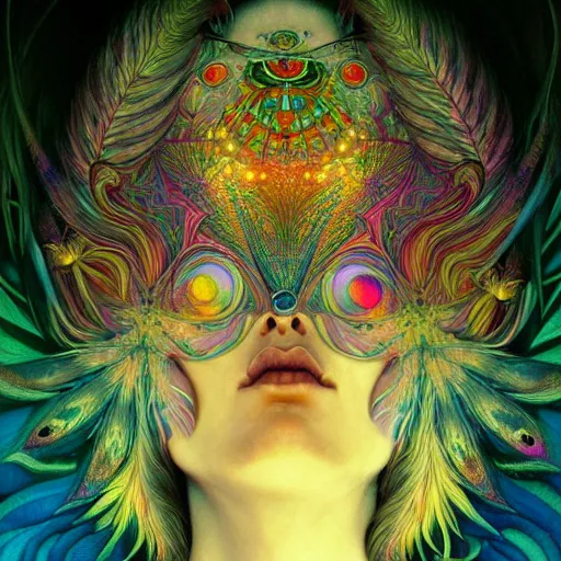 Prompt: An extremely psychedelic experience, reality bending, colorful, surreal, feathers, illuminated, magic mushrooms, psilocybin, LSD, face, detailed, intricate, elegant, highly detailed, digital painting, artstation, concept art, smooth, sharp focus, illustration, art by Krenz Cushart and Artem Demura and alphonse mucha