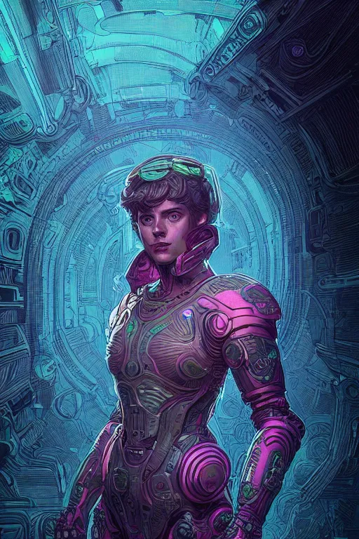 Image similar to portrait of a psychedelic girl with a biomechanic armor and neon light by Laurie Greasley and Greg Rutkowski and Gustave Doré, digital painting, highly detailed, trending on artstation