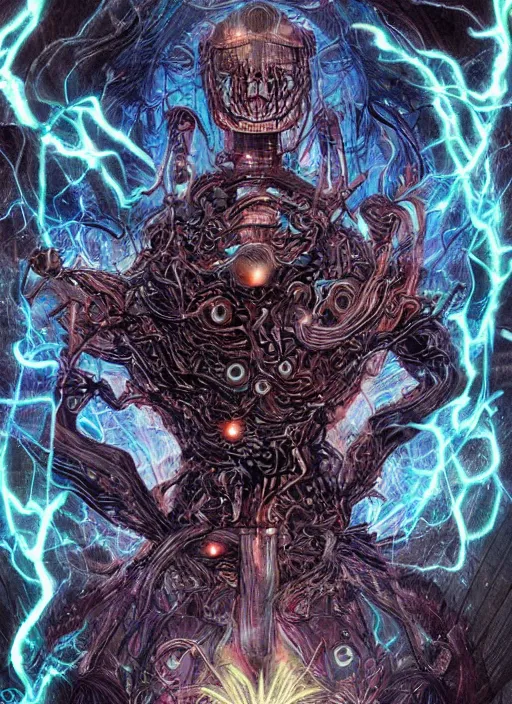 Image similar to basilisk of roko and the awakening of an ai with consciousness, surreal technological conceptual art magical cybernetic realism horro visions distopic and utopic art