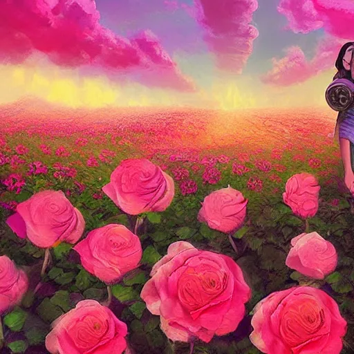 Image similar to large rose for face, girl frontal in a flower field, surreal photography, sunrise dramatic light, impressionist painting, colorful clouds, digital painting, artstation, simon stalenhag