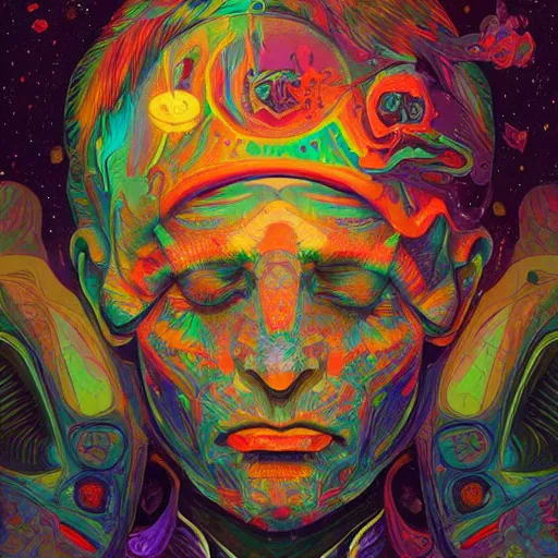 Image similar to An extremely psychedelic experience, colorful, surreal, dramatic lighting, cosmonaut, LSD, face, detailed, intricate, elegant, highly detailed, digital painting, artstation, concept art, smooth, sharp focus, illustration, art by Sam Spratt, Dan Mumford, Artem Demura and Alphonse Mucha