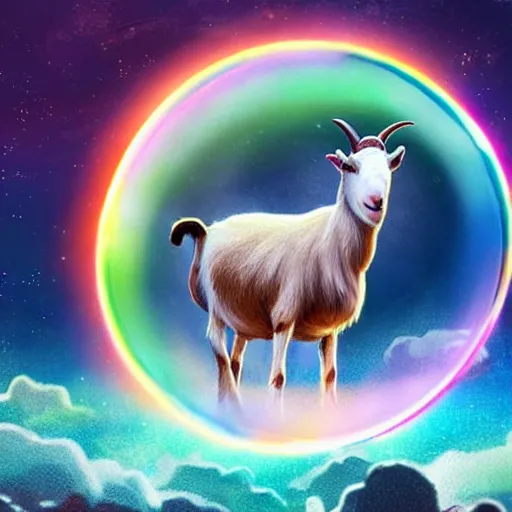 Prompt: a goat travelling on a bubble that looks like a unicorns back, mystical fantasy, concept art