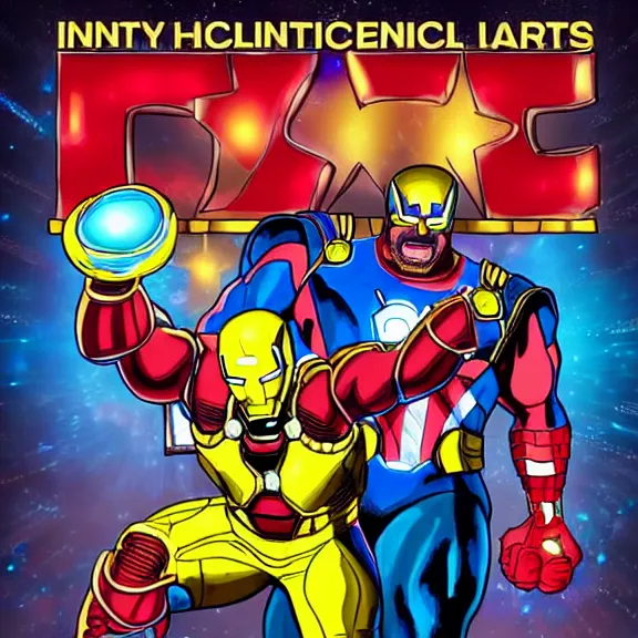 Image similar to Dynamic detailed artistic illustration of Steve Harvey doing a hero pose while Wearing the infinity gauntlet with all six stones glowing menacingly while Steve Harvey looks towards the viewer