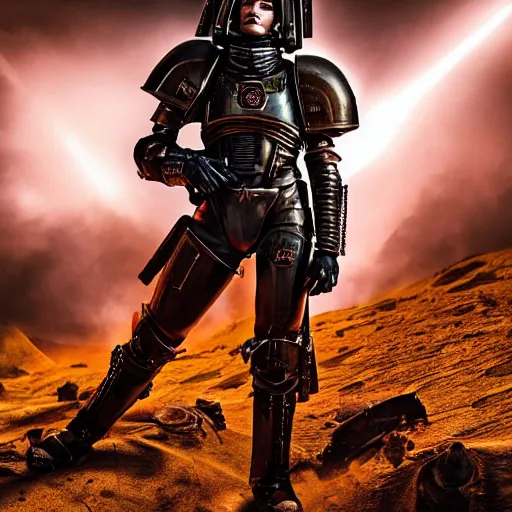 Image similar to warhammer kendall jenner as female space marine wearing space marine armor cinematic lighting dramatic lighting by annie leibovitz