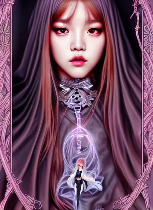 Image similar to lalisa manoban of blackpink, grim reaper costume, tarot card, highly detailed, digital painting, smooth, sharp focus, illustration, ultra realistic, 8 k, art by artgerm and alphonse mucha