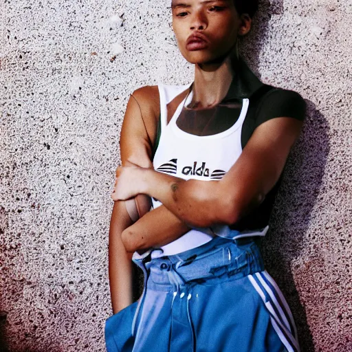 Prompt: realistic photoshooting for a new adidas lookbook, color film photography, portrait of a beautiful woman, in style of Tyler Mitchell, 35mm, film photo