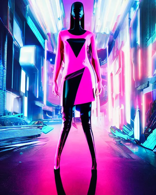 Image similar to an award winning fashion photograph for Balenciaga's futuristic cyberpunk Bladerunner 2049 fall corporate line by Artgerm, dazzle camouflage!, dayglo pink, dayglo blue, raven black, the Matrix