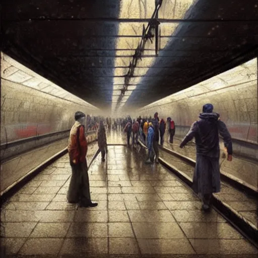 Prompt: commuters in the rush hour at the platform of an underground santiago metro station in direction to nowhere, by raoul ruiz, esao andrews and greg rutkowski