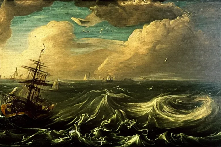 Image similar to A Kraken attacks a ship, Claude Lorrain (1648), oil on canvas, detailed brushstrokes