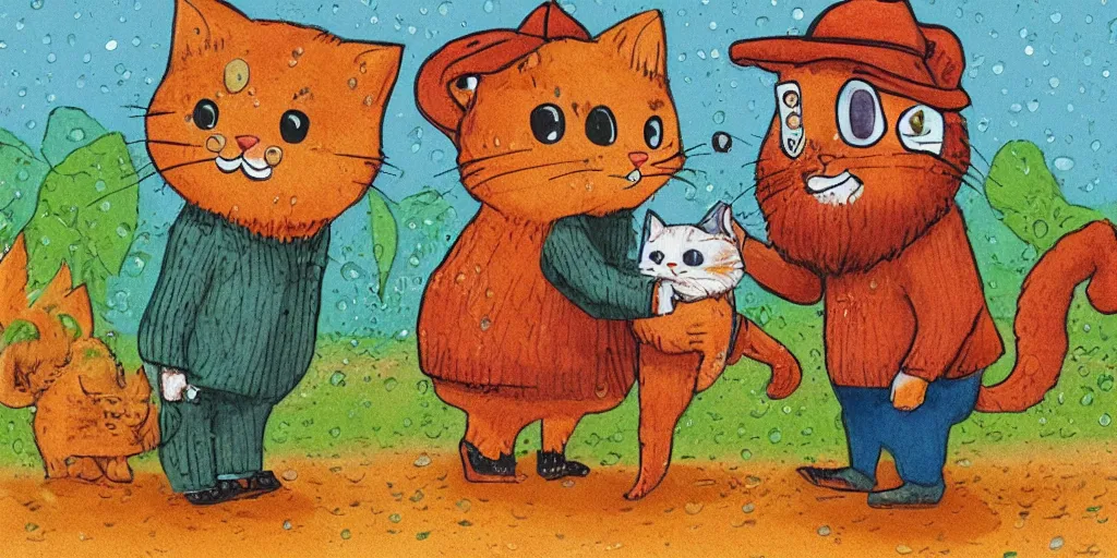 Image similar to a bearded man and an orange tabby kitten standing in the rain by richard scarry