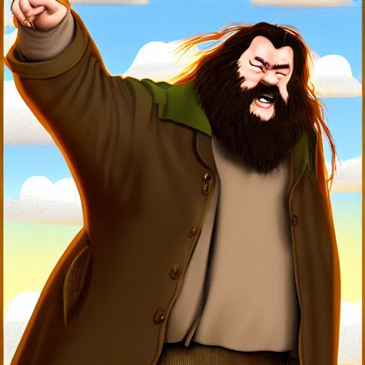 Image similar to Digital art of Hagrid from Harry Potter dabbing while zooming through the stratosphere, trending on ArtStation