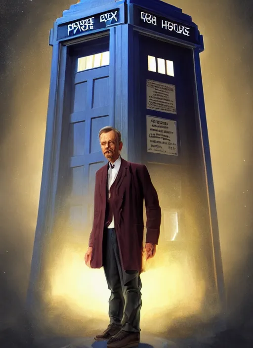 Image similar to portrait of doctor house standing next to tardis from doctor who, au naturel, hyper detailed, digital art, trending in artstation, cinematic lighting, studio quality, smooth render, unreal engine 5 rendered, octane rendered, art style by klimt and nixeu and ian sprigger and wlop and krenz cushart.