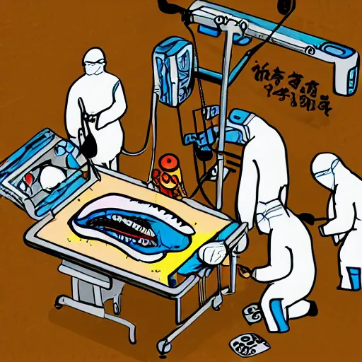 Image similar to chinese surgeons operating on a body on an operating table, in the style of daniel johnston and outsider art and spirited away, 8k, line brush, minimal, overlaid with chinese adverts
