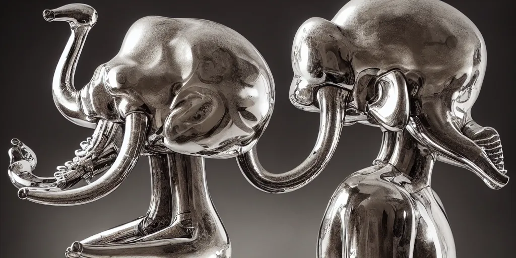 Image similar to Many Chrome and living tissue dendritic organic Elephant heads in orbit, sculpted tissue, soft lighting, chrome and viscera and bone, composition, Cronenberg automata, Marsden, ito, Ryden, sci-fi, Koons, Dieter Rams,