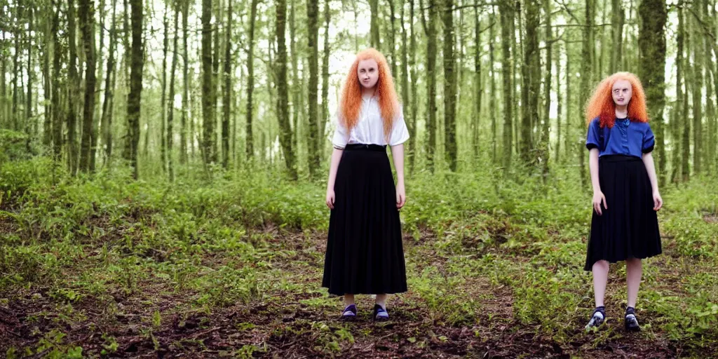 Prompt: a strawberry blonde frizzy haired teenage girl in a floor length black skirt and a short sleeved dark green blouse stands in a dark forest dimly lit by blue light