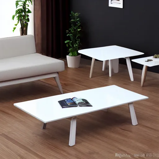 Prompt: white zen clean modern sparse glass coffee table, cool, softly lit, bright, with flower pot