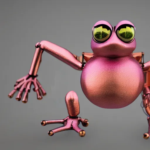 Prompt: A 3d render of steam punk style robotic pink frog. Vray octane. Very detailed. Hyper realism. Studio lighting