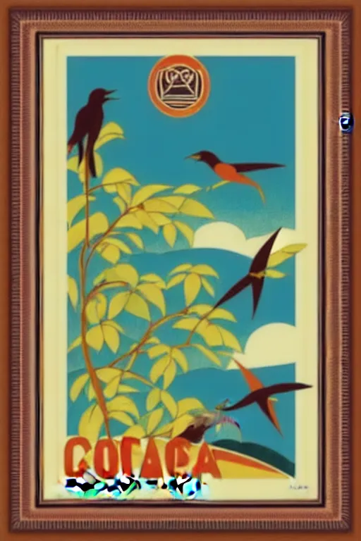 Image similar to art deco travel poster. costa rica monteverde with birds, framed poster