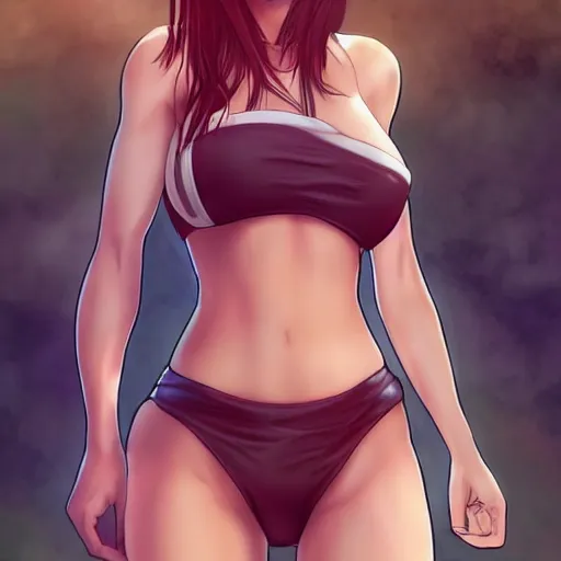 Image similar to beautiful tifa from final fantasy in a bikini on the beach making eye contact drawn by artgerm