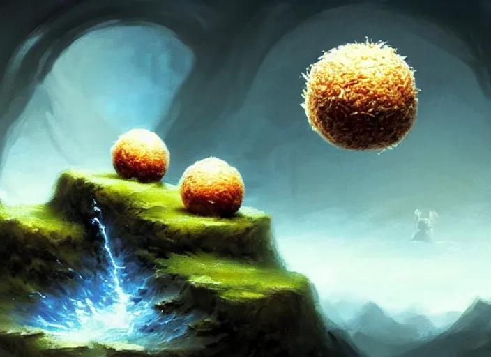 Prompt: magic : the gathering fantasy concept art of cute riceballs bouncing down a mountain path, by franz frazetta, high resolution, rice granules scattered all around, balls of rice, bouncing, fantasy coloring, intricate, digital painting, artstation, smooth, sharp focus