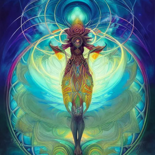 Prompt: psychedelic ayahuasca artwork of esao andrews frank peter mohrbacher, energy body, sacred geometry, esoteric art, divinity, detailed, magic the gathering art