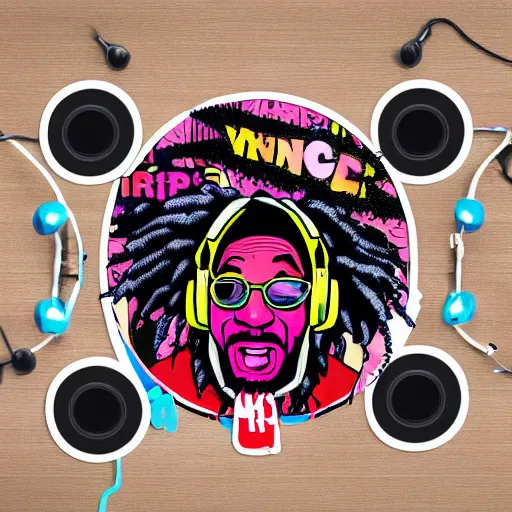 Image similar to svg sticker of a Dancing-Ben-Harper-Snoop-Spike-Lee-with-a-large-Afro-Puff, at a rave, spinning records, giant headphones rocking out, wearing headphones, huge speakers, dancing, rave, DJ, spinning records, digital art, amazing composition, rule-of-thirds, award-winning, trending on artstation, featured on deviantart