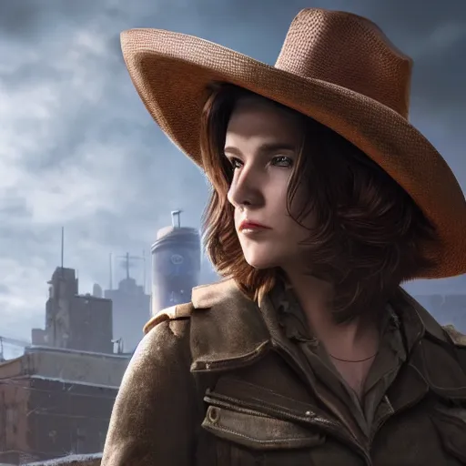 Image similar to fallout 5, charismatic beautiful, rugged, brunette female protagonist wearing a cowboy - hat, portrait, outdoors ruined cityscape, atmospheric lighting, painted, intricate, volumetric lighting, beautiful, daytime, harsh winter weather, sharp focus, cold, deep colours, ultra detailed, by leesha hannigan, ross tran, thierry doizon, kai carpenter, ignacio fernandez rios