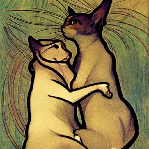 Image similar to Two cats playing with each other by mucha