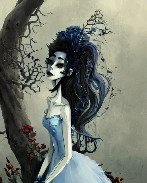 Image similar to elegant mysterious gracious undead victoria everglot from the corpse bride, portrait, illustration, the land of the death, skeletal hand, rim light, top light, summer clear blue sky, perfectly shaded, soft painting, art by krenz cushart and wenjun lin