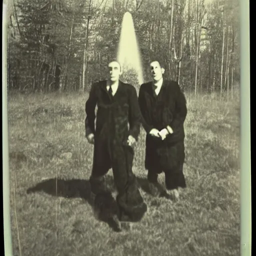 Image similar to really old polaroid photograph of horrorific extraterrestrial beings visiting earth,