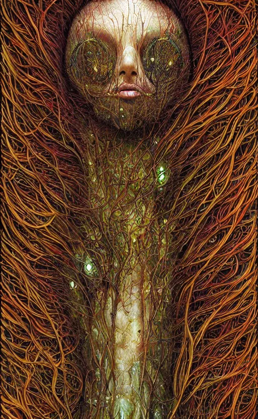 Image similar to beautiful psychedelic shaman covered in amanita mushrooms in the style of peter gric