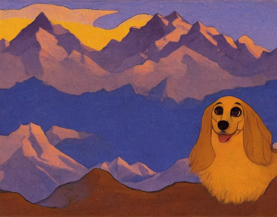 Image similar to Himalayan Dachshund, with Himalaya in the background, sunset, painting by Nicholas Roerich