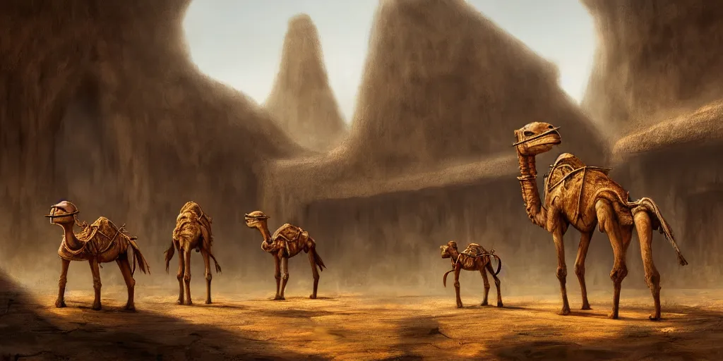 Image similar to bipedal humanoid dromedary as village merchants, temple city, caves of qud, matte oil painting, chrome, cathedral, retrofuturistic, concept art, science fantasy, mutant, rpg, epic, rust, salt, jungle, dungeons & dragons, sharp focus, award - winning, extremely detailed, 4 k, 8 k