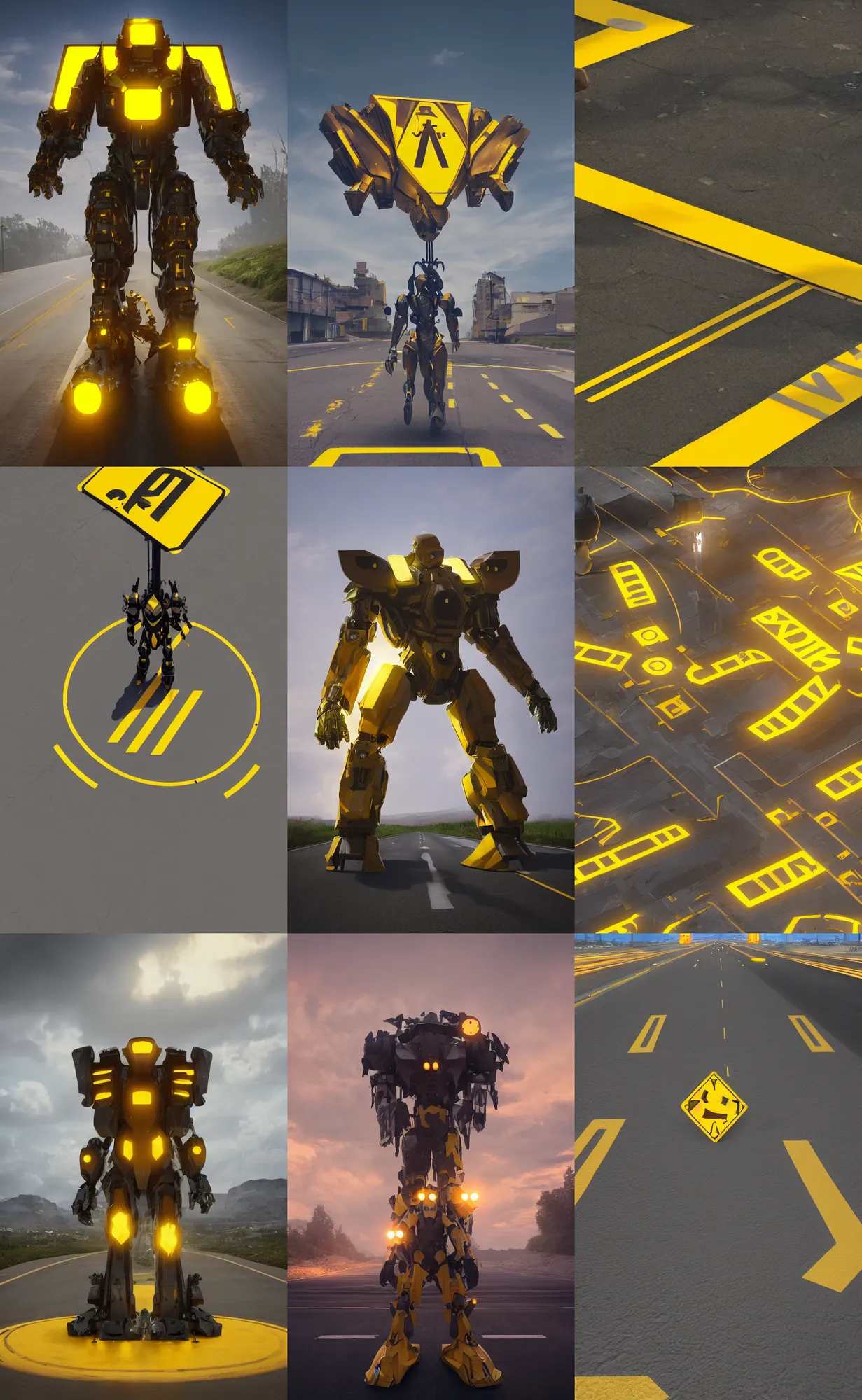 Prompt: giant yellow road sign armor fighter, character design trending on artstation, mecha, unreal engine 5, octane render, dramatic lighting