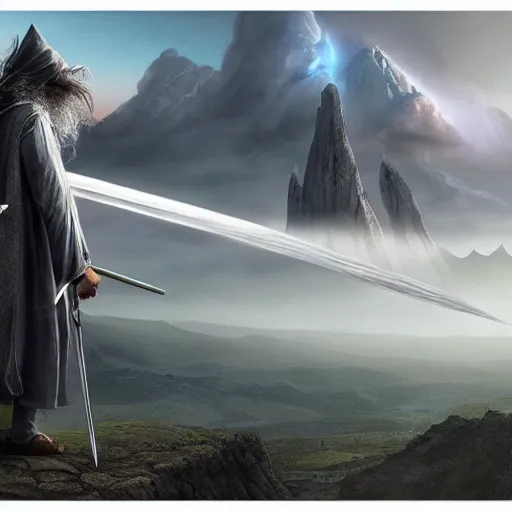 Prompt: Gandalf the grey om his horse protecting the city from an imminent meteor strike with his staff mountains in the distance, wide angle shot, hyper realistic painting, middle earth vibes