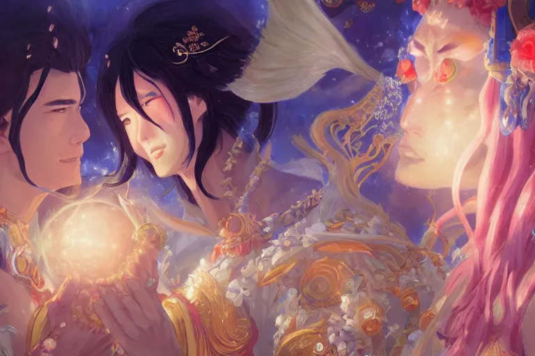 Image similar to close up moment of a divine a japan sun god and a moon goddess lovers magician at a wedding banquet, highly detailed, d & d, fantasy, 4 k realistic, digital painting, trending on artstation, concept art, sharp focus, illustration, art by makoto shinkai and akihiko yoshida and daniel gerhartz