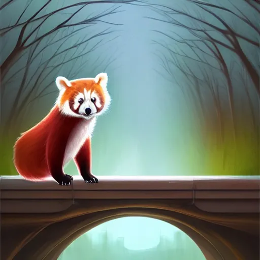 Prompt: beautiful red panda on a bridge by Cyril Rolando