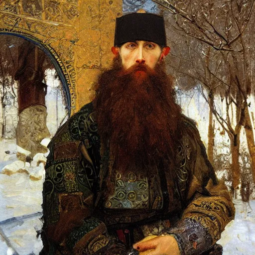 Image similar to portrait of Ivan the Terrible listening smartphone masterpiece painting by vasnetsov and surikov, JEAN-VICTOR BERTIN, by Terence Cuneo, detailed, artfully traced, 4k resolution, cinematic, dramatic