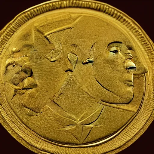 Image similar to a gold coin with a clock face printed on it, complex, high detail, close up