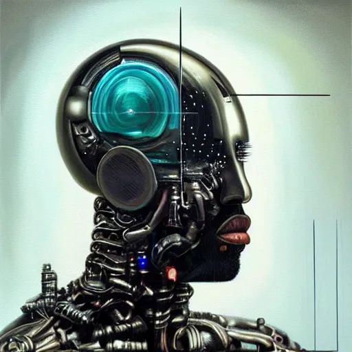 Image similar to a realistic oil painting of a cybernetic kanye west cyborg, surrealism portrait, surrealism album cover