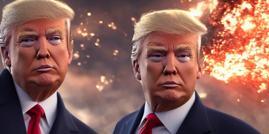 Prompt: donald trump as a handsome actor, motion blur runs through massive battlefront, mcu style, explosions, fire, real life, spotted, ultra realistic face, 4 k, movie still, uhd, sharp, detailed, cinematic, render, modern