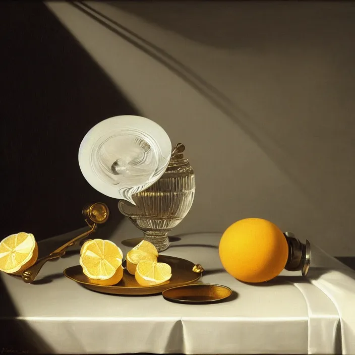 Prompt: still life painting of random vaporwave objects by pieter claesz, oil on canvas, strong lighting, highly detailed, hyper realism, golden hour, god rays, hd, 4 k