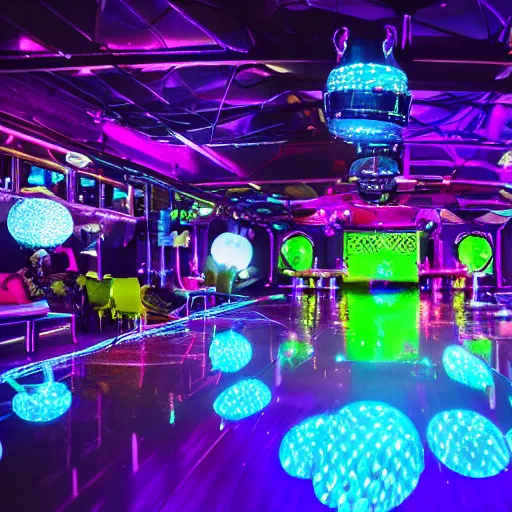 Prompt: futuristic nightclub with a light up dance floor and a massive disco ball