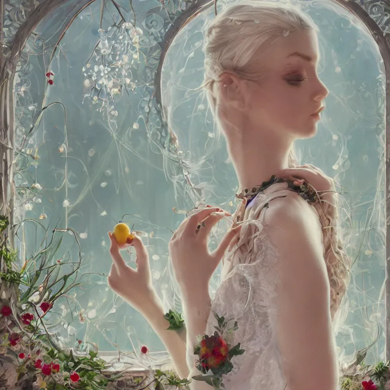 Image similar to a blonde girl in white dress in beautiful window, necklace with a fruit seed ornament, ocean eyes, light freckles, incense smoke and flowers in the background, portrait, mucha, conceptart, medium shot, unreal, octane, symmetrical, photorealism.
