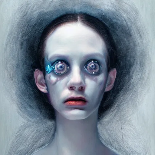 Image similar to ghostly female portrait in detail in oil paint by james jean, guillermo del toro l, tim burton