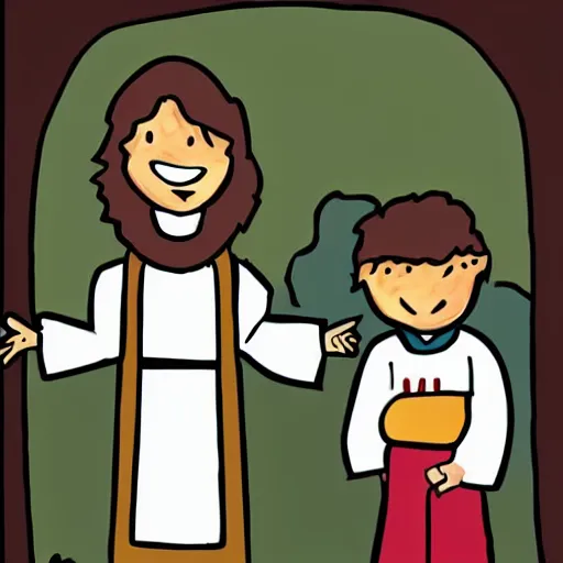 Image similar to kid jesus kidding with the kid devil, cute art work