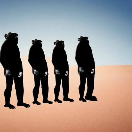 Image similar to Contamporary art photography of group of monkey's that wears suits standing around Obsidian monolith in the desert