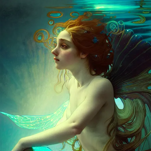 Image similar to Portrait of a girl mermaid with wings underwater surrounded by glowing light rays, face, fantasy, intricate, elegant, highly detailed, digital painting, artstation, concept art, smooth, sharp focus, illustration, art by Krenz Cushart and Artem Demura and alphonse mucha