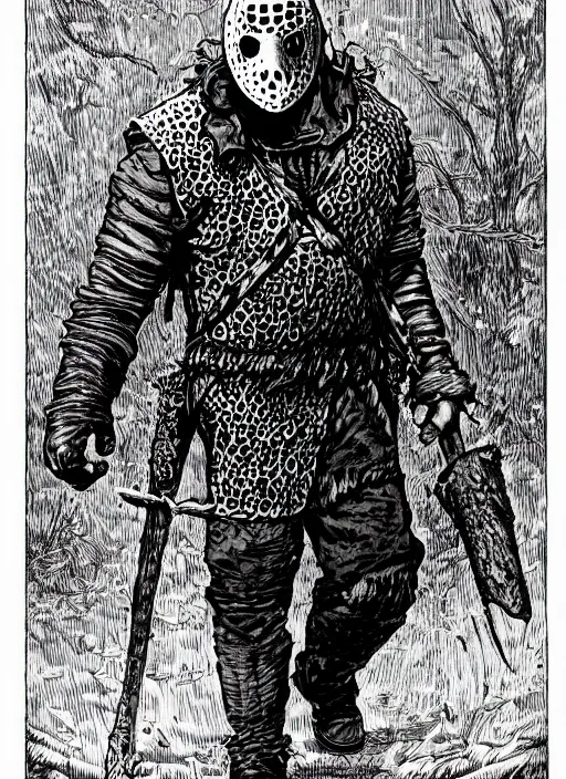 Image similar to Jason Voorhees as a D&D monster, pen-and-ink illustration, etching, by Russ Nicholson, DAvid A Trampier, larry elmore, 1981, HQ scan, intricate details, high contrast